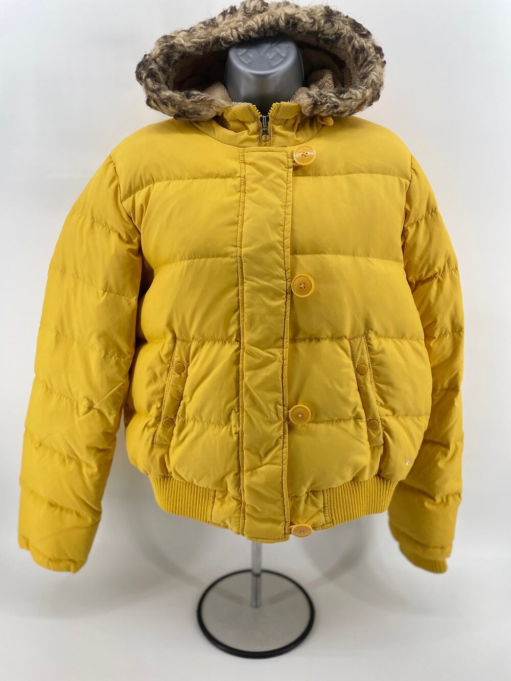 American Eagle Puffer Coat Women’s L Mustard Yellow Hooded Faux Fur Full Zip